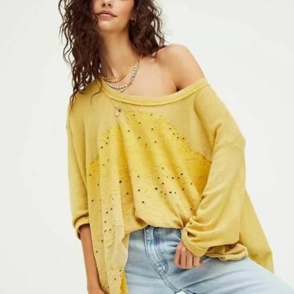 Free people - Palm Tree Dreams Tee Eyelet Oversized Yellow Gauzy Tunic - Small - Picture 2 of 12